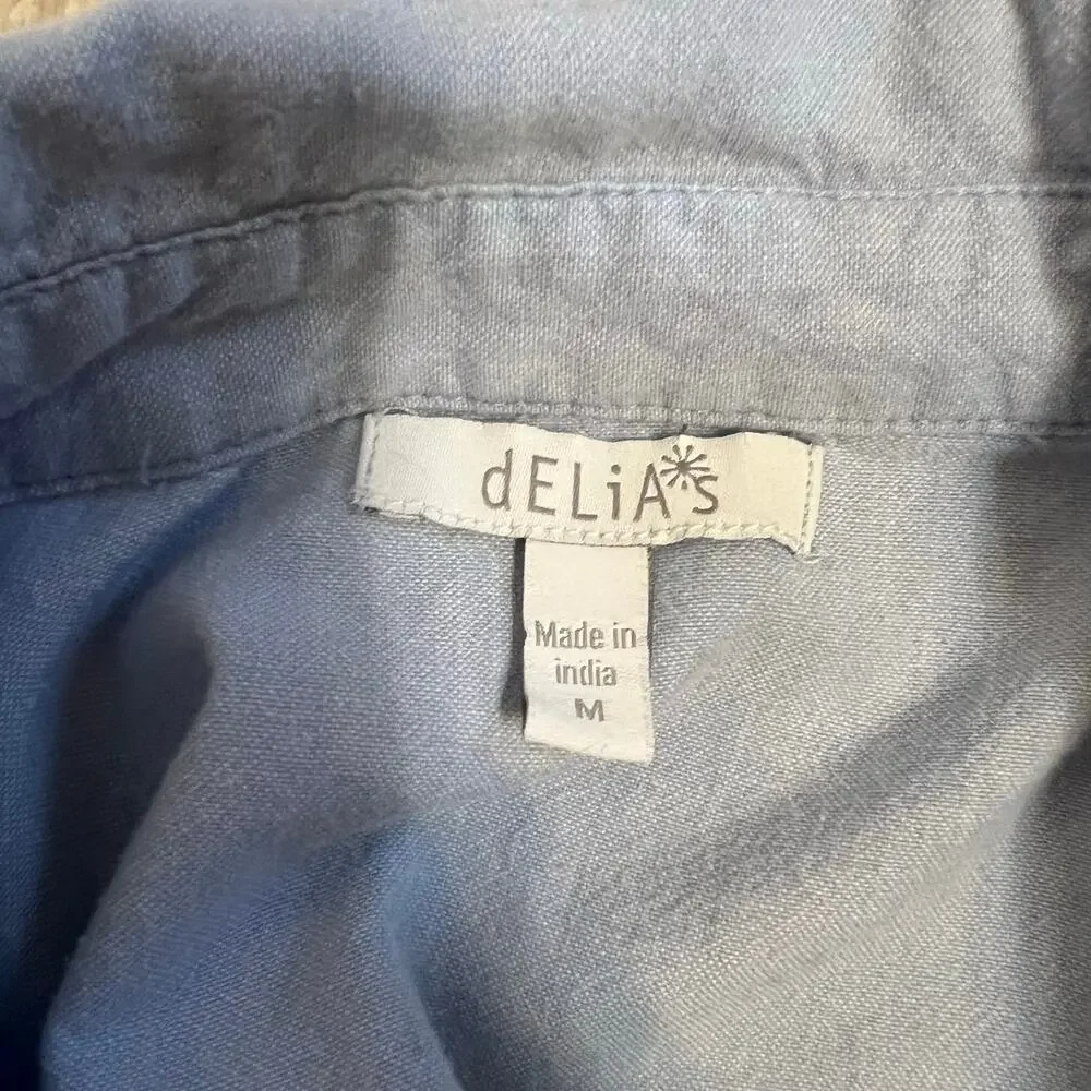 Delia’s Y2K Denim Shirt Chambray Button Down 2000's Lt Blue Long Sleeve Medium - Picture 7 of 8